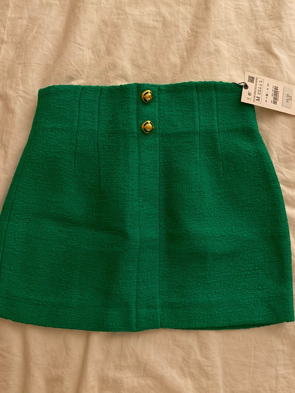 Zara Emerald Green Tweed Mini Skirt with Gold-Tone Buttons